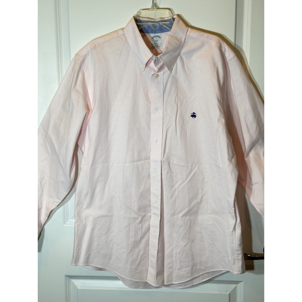 Brooks Brothers Regent Original Polo Shirt Pink White Stripe Non Iron Cotton XL